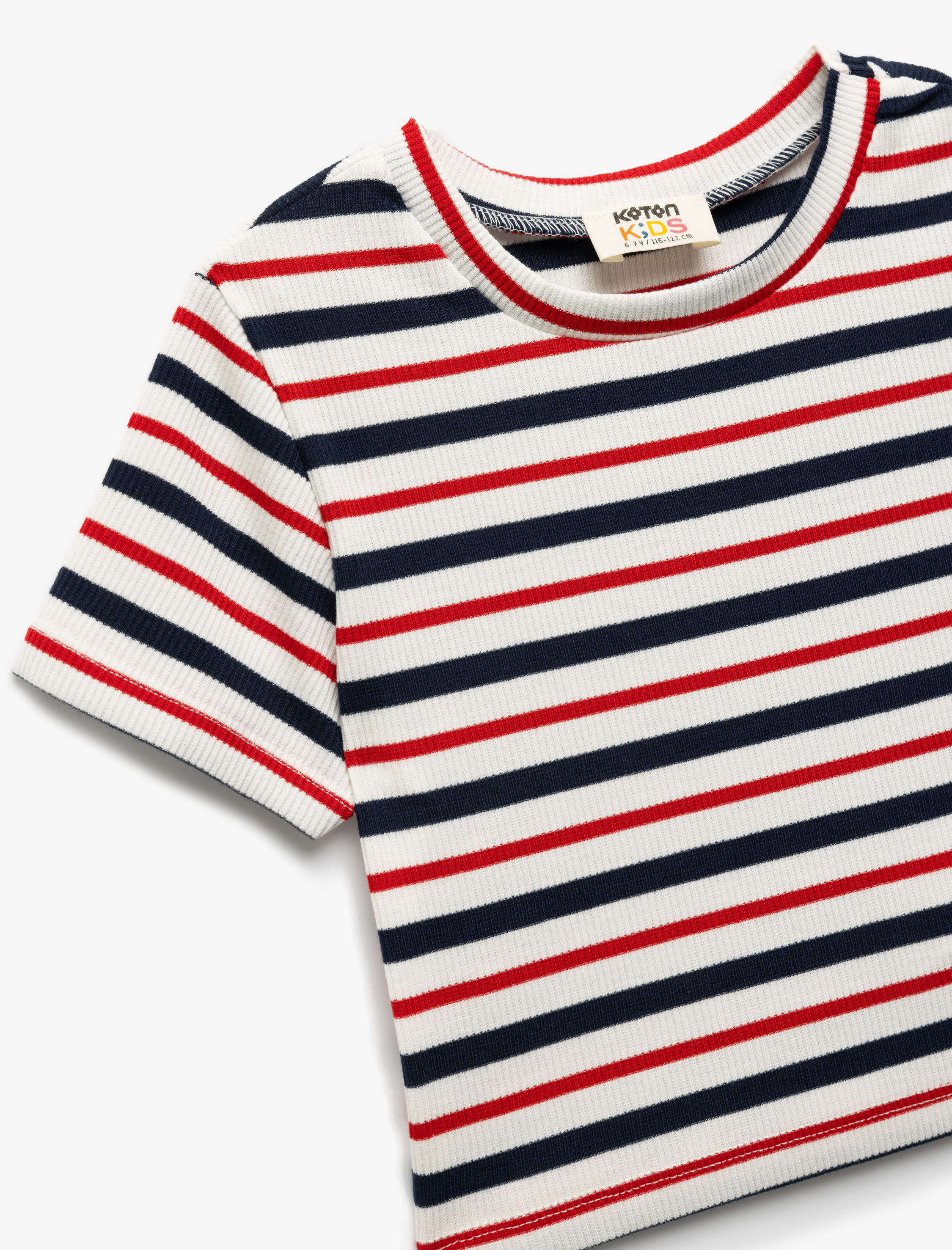  Kız Çocuk Bisiklet Yaka Kısa Kollu Kaşkorse Çizgili Tişört