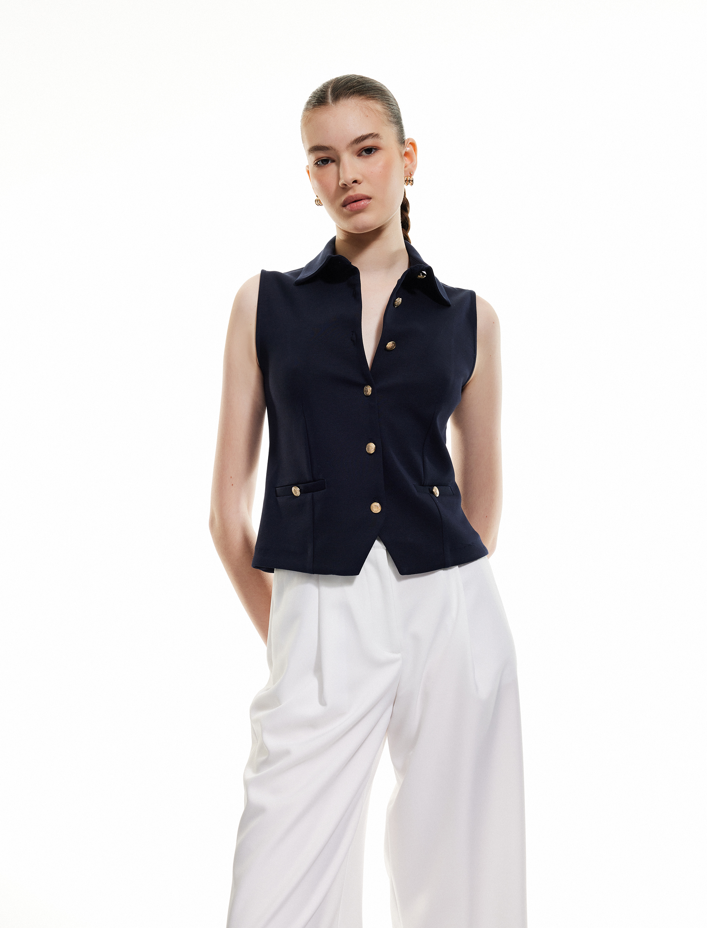 Koton Kadın Slim Fit Gold Düğme Detaylı Kolsuz Ceket Yaka Yelek -1