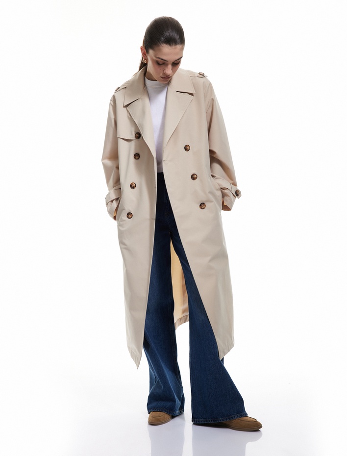  Uzun Kollu Kruvaze Kemerli Gabardin Trençkot