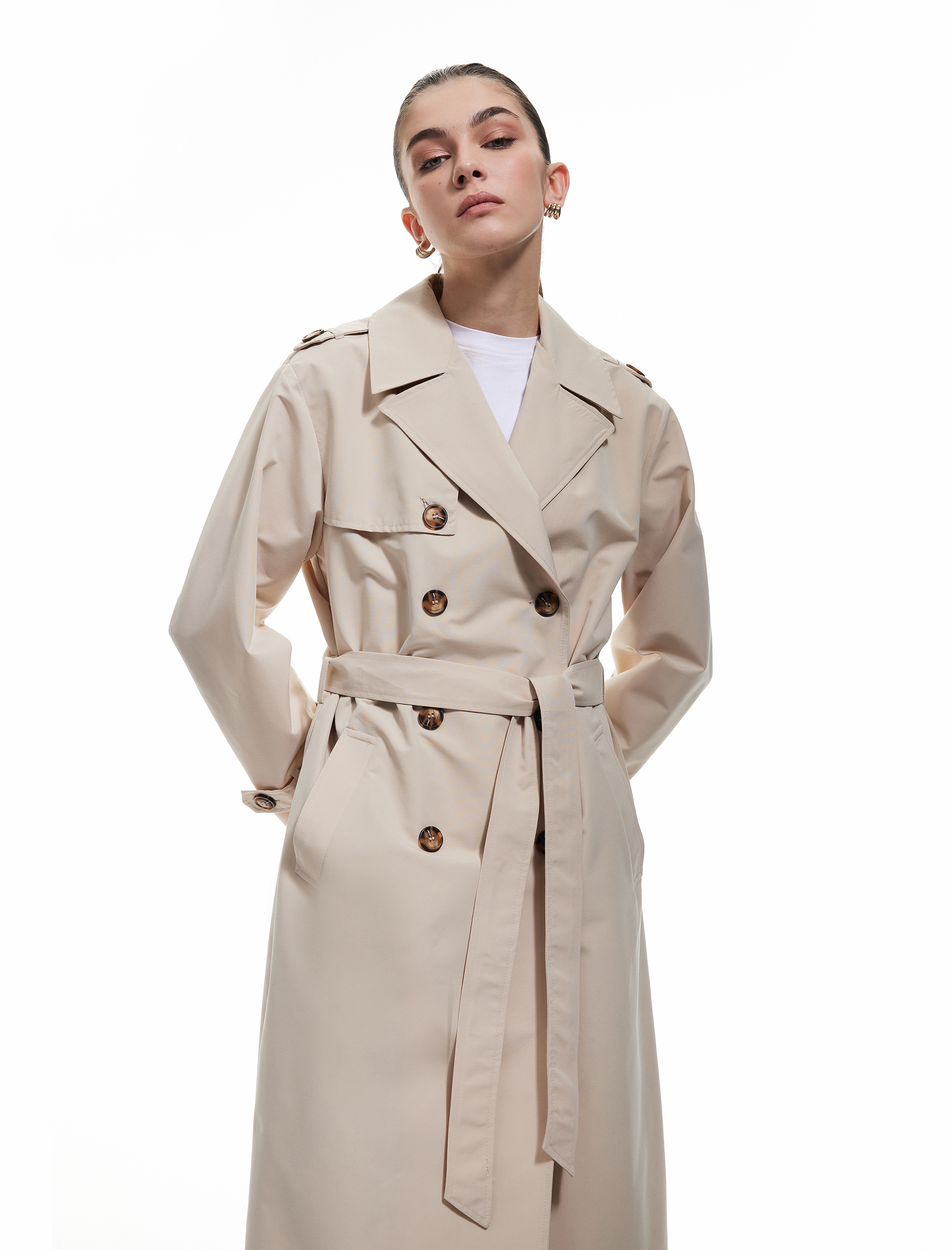   Uzun Kollu Kruvaze Kemerli Gabardin Trençkot