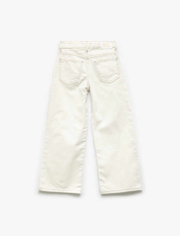 Kız Çocuk Düğmeli Detaylı Pamuklu Geniş Paça Denim Pantolon