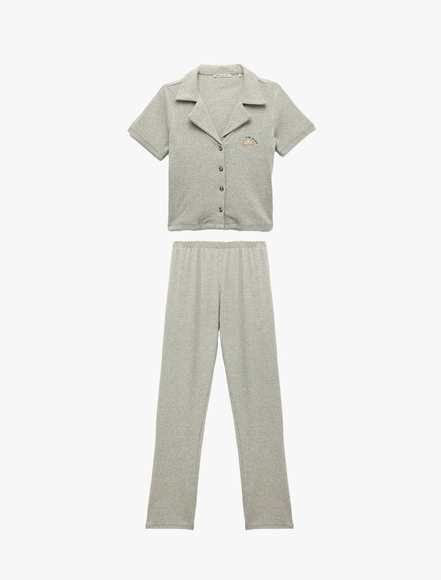 Kısa Kollu Gömlek Yaka Pamuklu Pijama Takımı_2