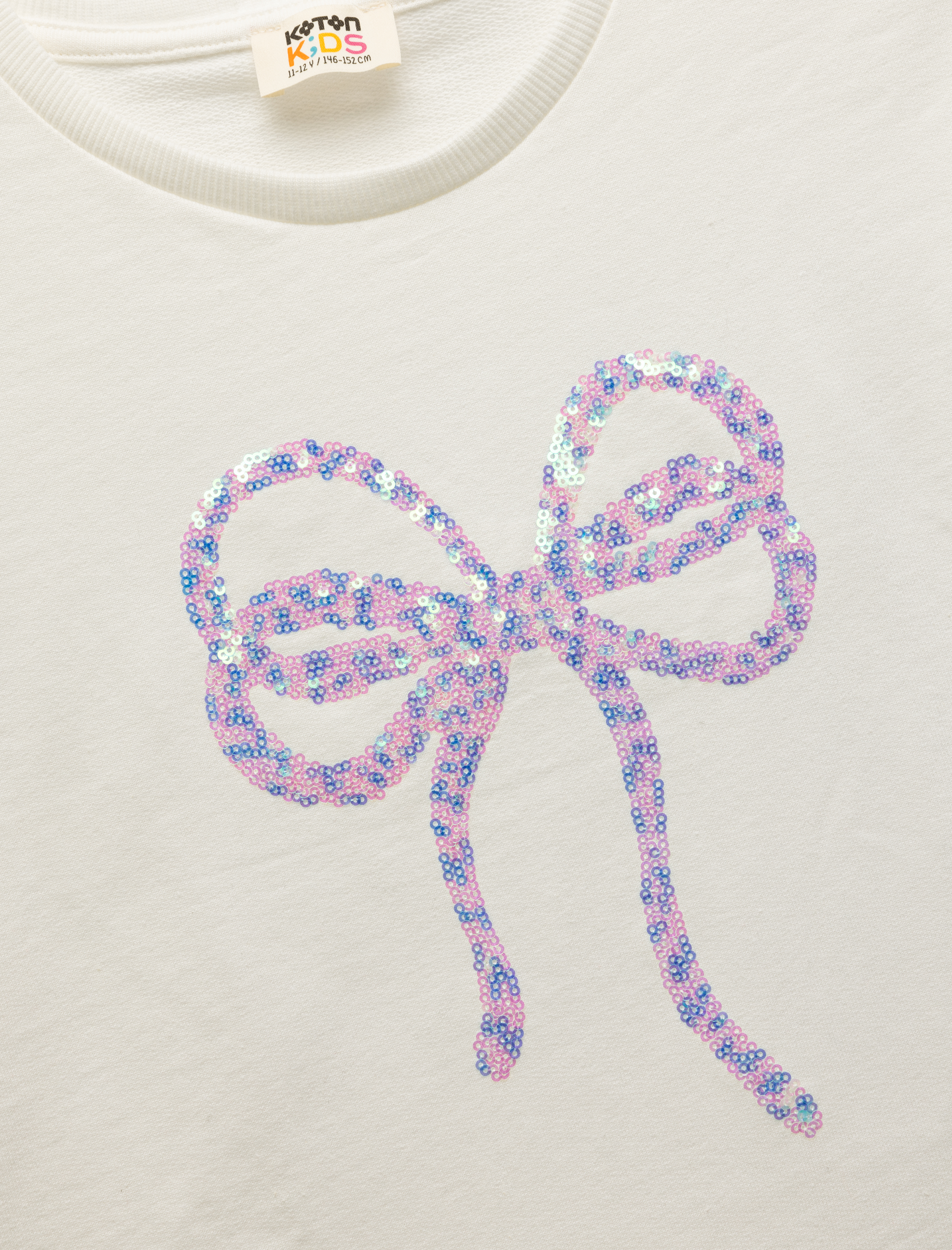  Kız Çocuk Pullu Payetli Kurdele Detaylı Bisiklet Yaka Kısa Kollu Tişört