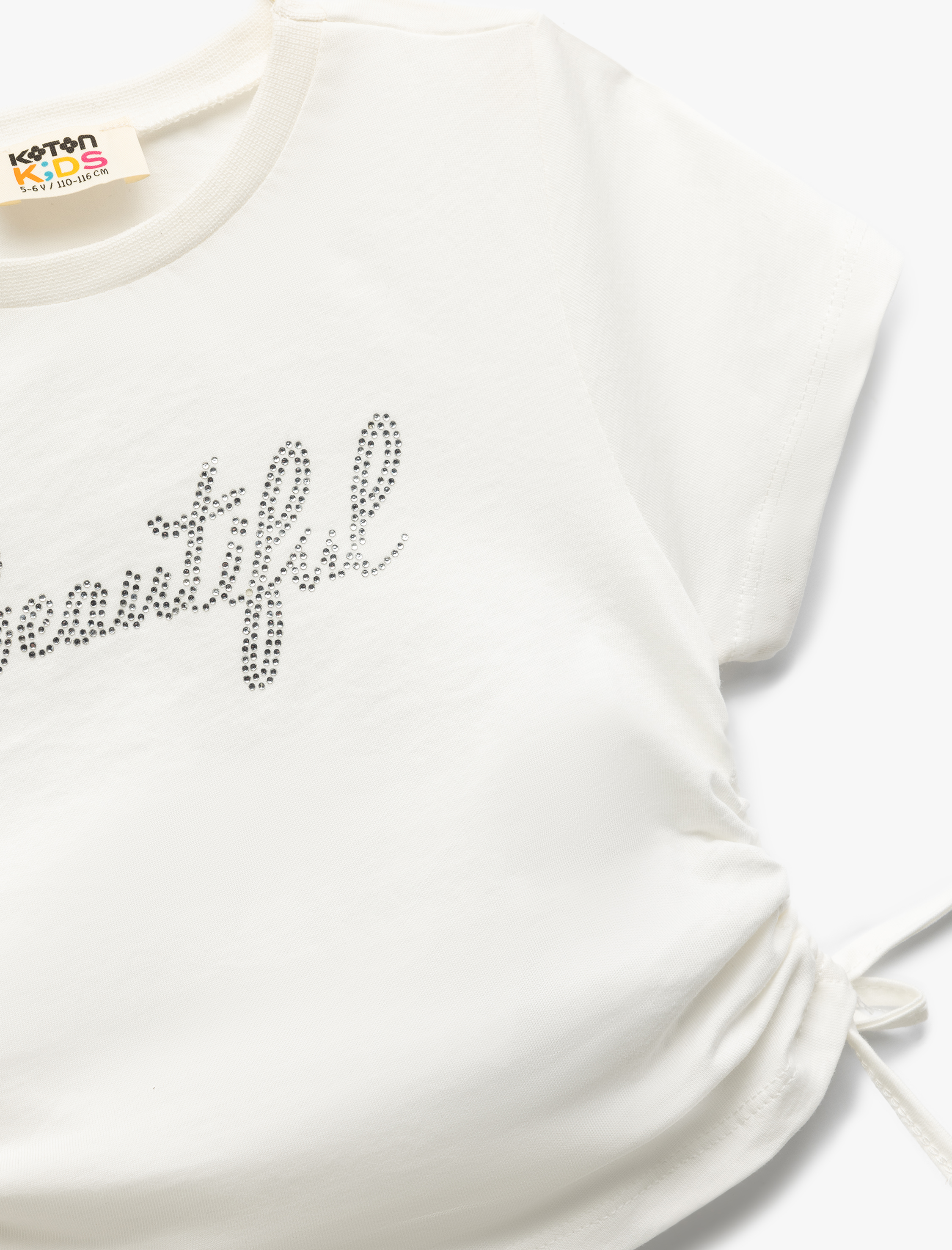  Kız Çocuk Pamuklu Taş Baskılı Büzgü Detaylı Kısa Kollu Crop Tişört