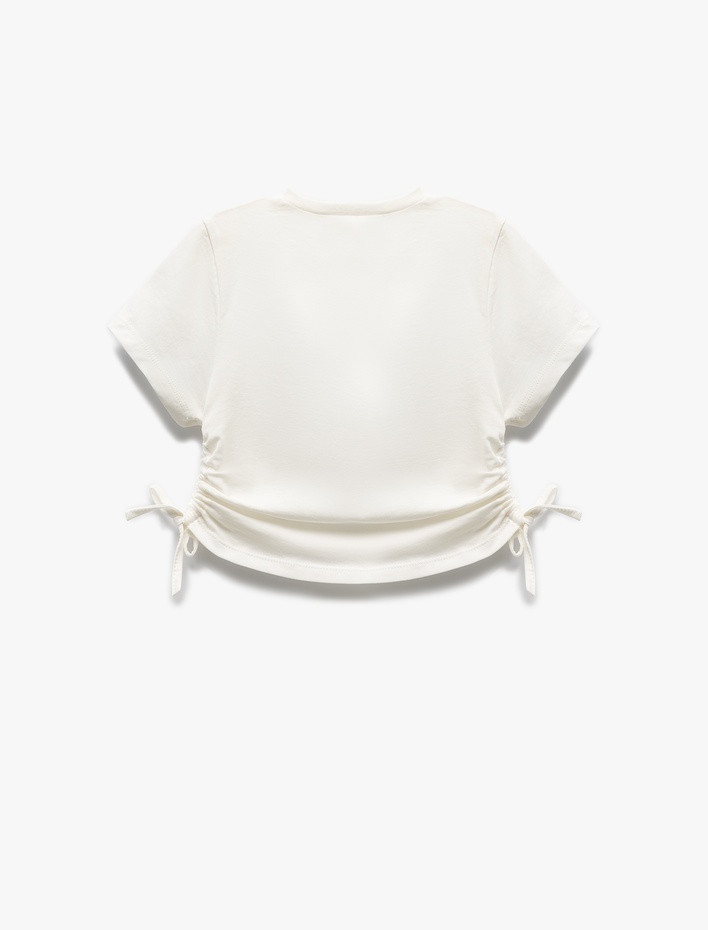 Kız Çocuk Pamuklu Taş Baskılı Büzgü Detaylı Kısa Kollu Crop Tişört