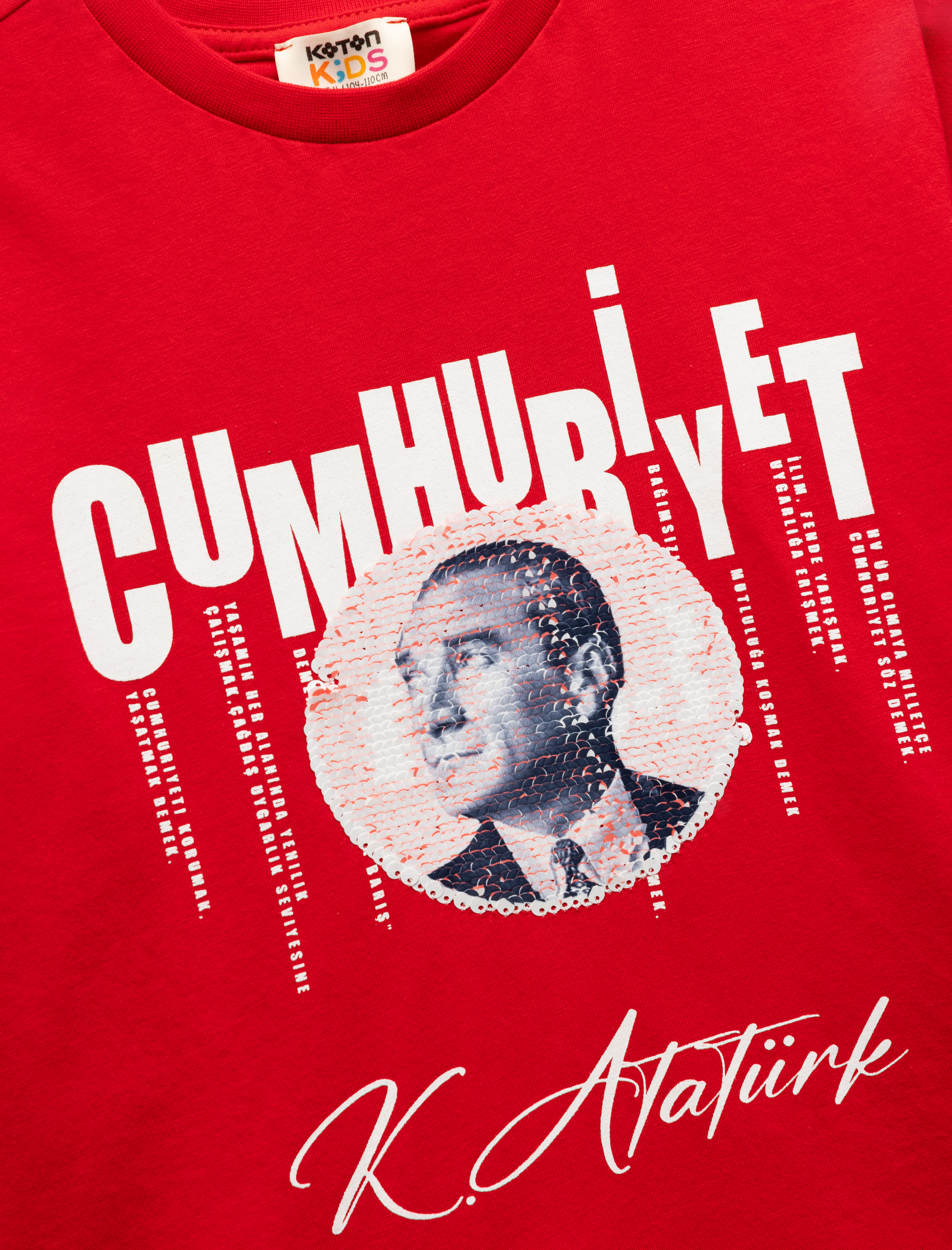  Kız Çocuk Bisiklet Yaka Kısa Kollu Pamuklu Cumhuriyet Baskılı Atatürk İmzalı Tişört