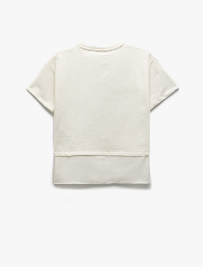 Kız Çocuk Pullu Payetli Kurdele Detaylı Bisiklet Yaka Kısa Kollu Tişört