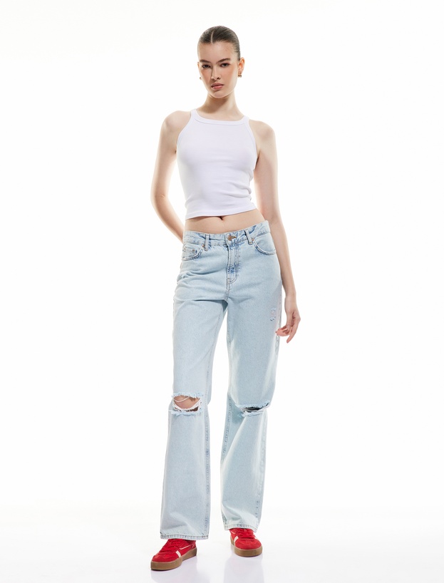 Pamuklu Yıpratma Detaylı Düz Paça Denim Pantolon - Straight Fit Jean_0