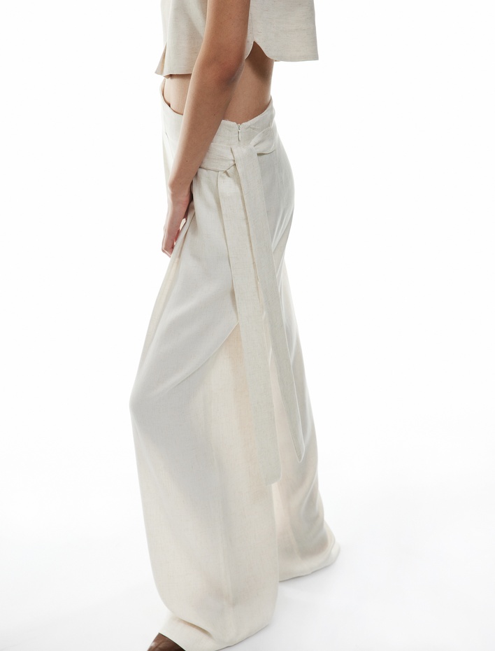  Viskon - Keten Karışımlı Cepli Bağlama Detaylı Palazzo Pantolon