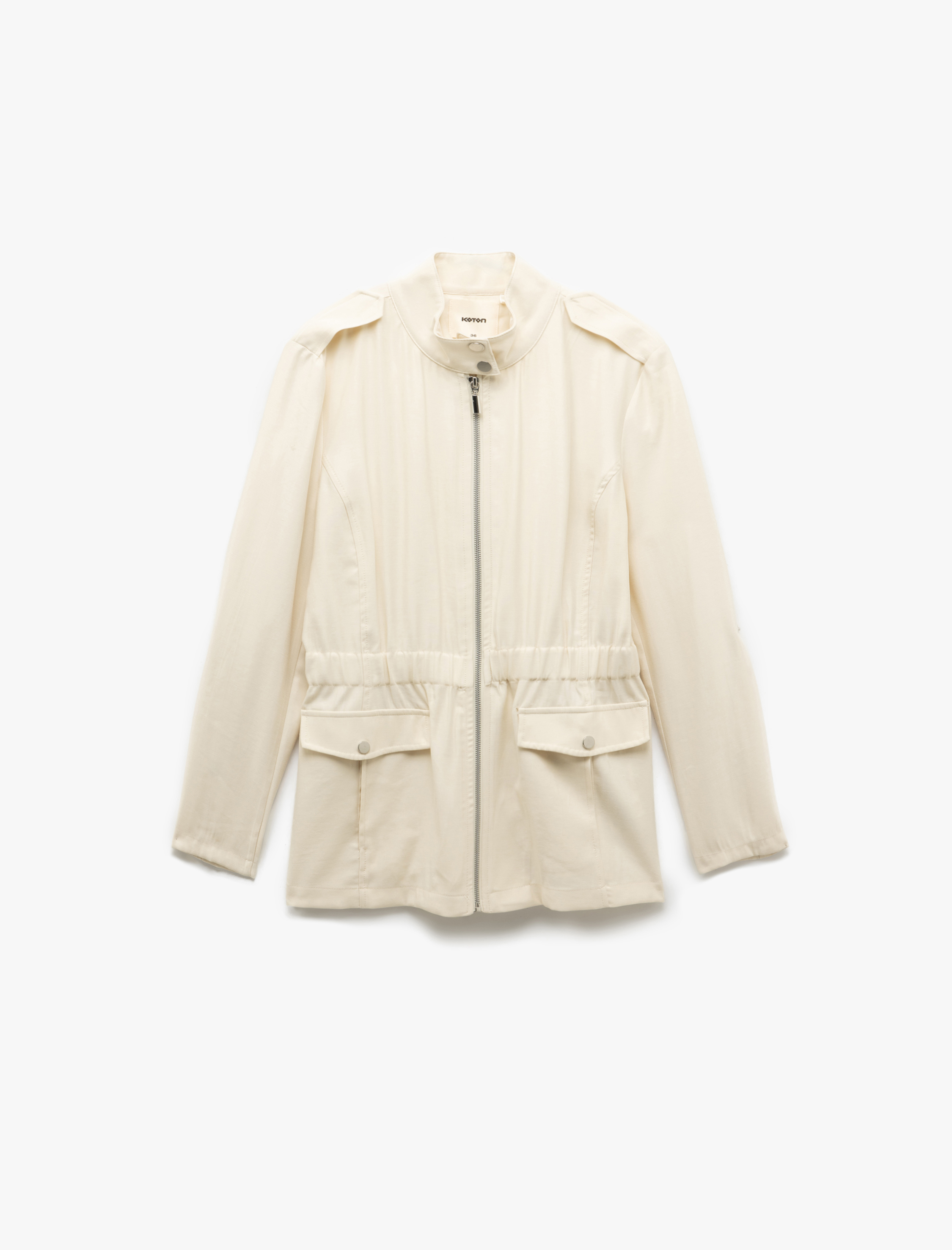 Viskon Uzun Kollu Cepli Fermuarlı Dik Yaka Kısa Trençkot