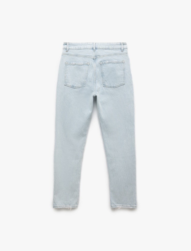 Yıpratma Detaylı Yüksek Bel Pamuklu Straight Fit Denim Pantolon - Straight Jeans_4