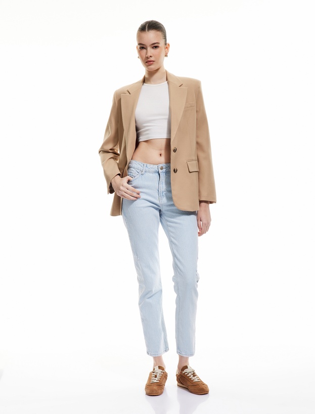 Yıpratma Detaylı Yüksek Bel Pamuklu Straight Fit Denim Pantolon - Straight Jeans_0