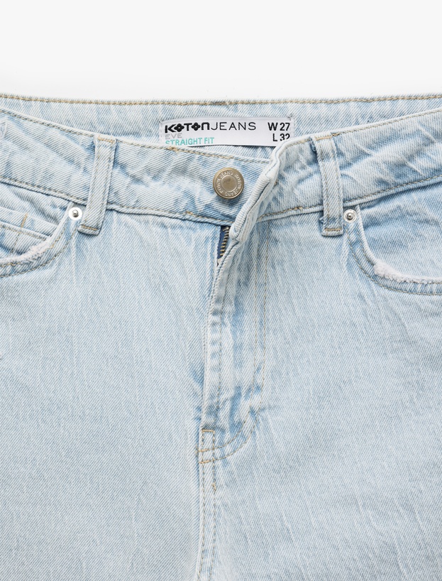 Yıpratma Detaylı Yüksek Bel Pamuklu Straight Fit Denim Pantolon - Straight Jeans_6