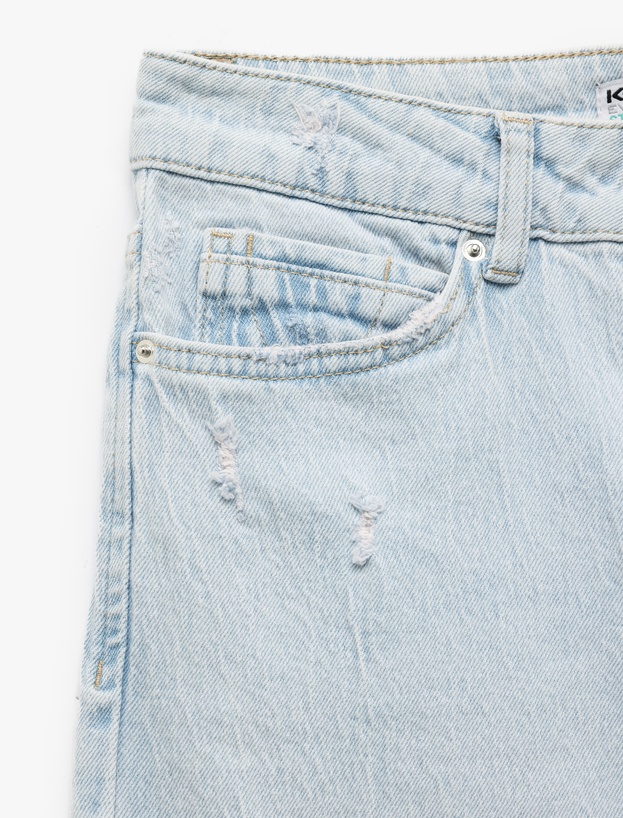 Yıpratma Detaylı Yüksek Bel Pamuklu Straight Fit Denim Pantolon - Straight Jeans_5
