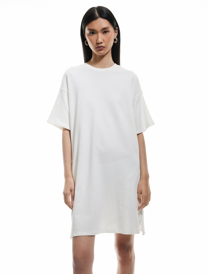  Üç İplik Pamuklu Cepli Bisiklet Yaka Kısa Kollu Tişört Elbise