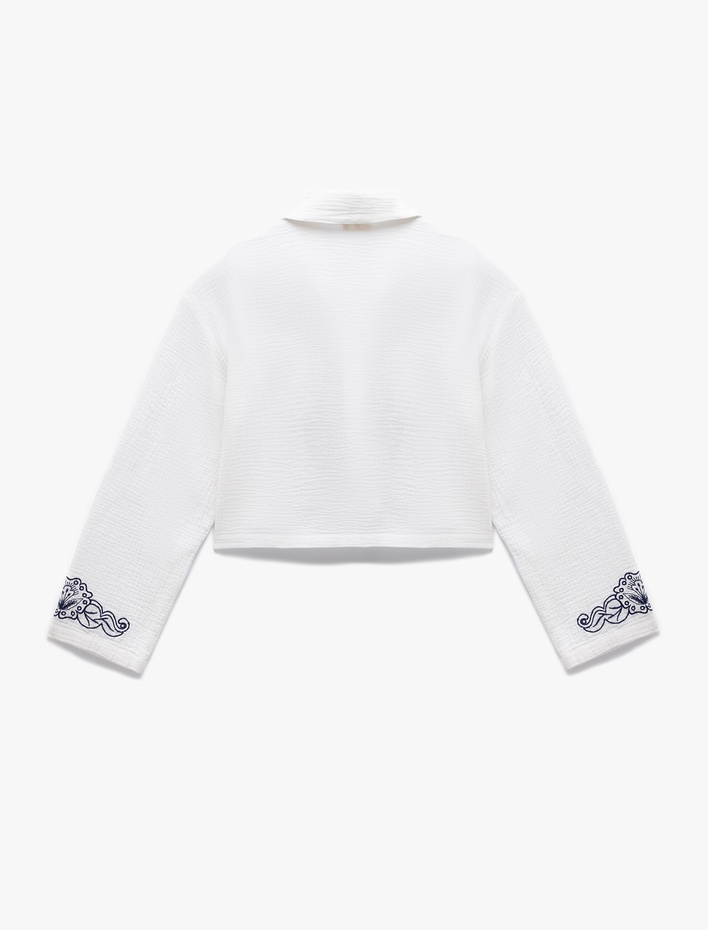  Pamuklu Nakışlı Uzun Kollu Ceket Yaka Crop Müslin Gömlek