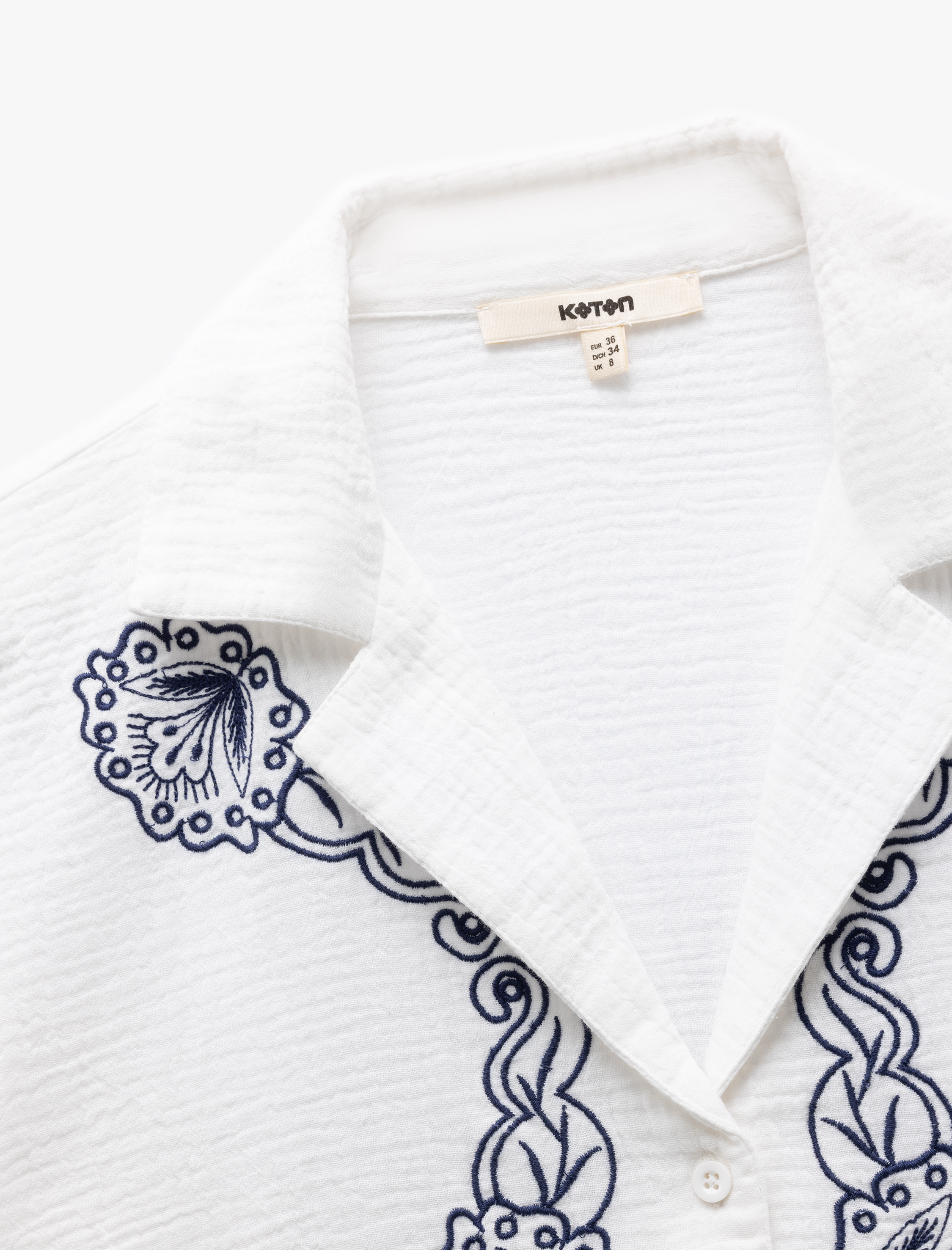   Pamuklu Nakışlı Uzun Kollu Ceket Yaka Crop Müslin Gömlek