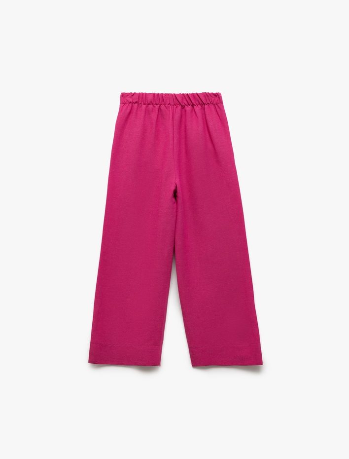 Kız Çocuk Düğme Detaylı Cepli Viskon Karışımlı Geniş Paça Pantolon