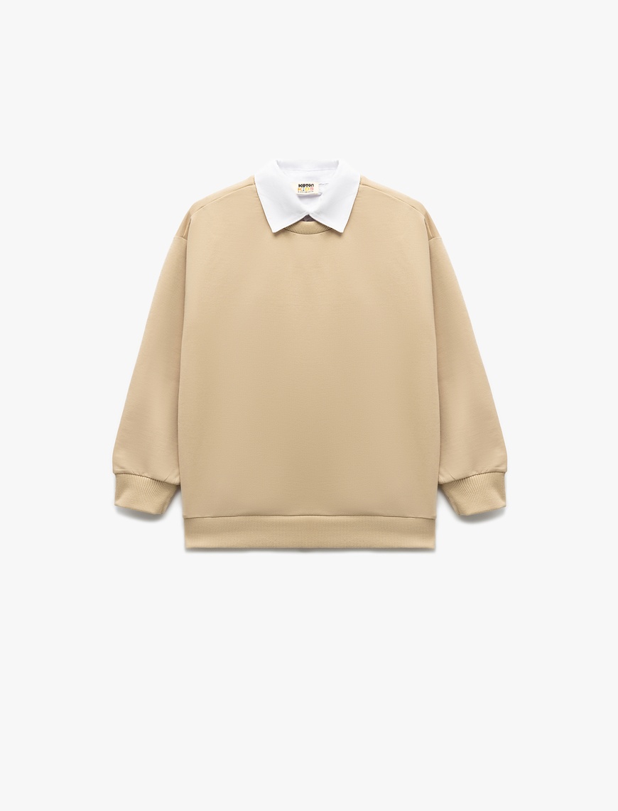  Erkek Çocuk Uzun Kollu Gömlek Yaka Detaylı Pamuklu Basic Sweatshirt