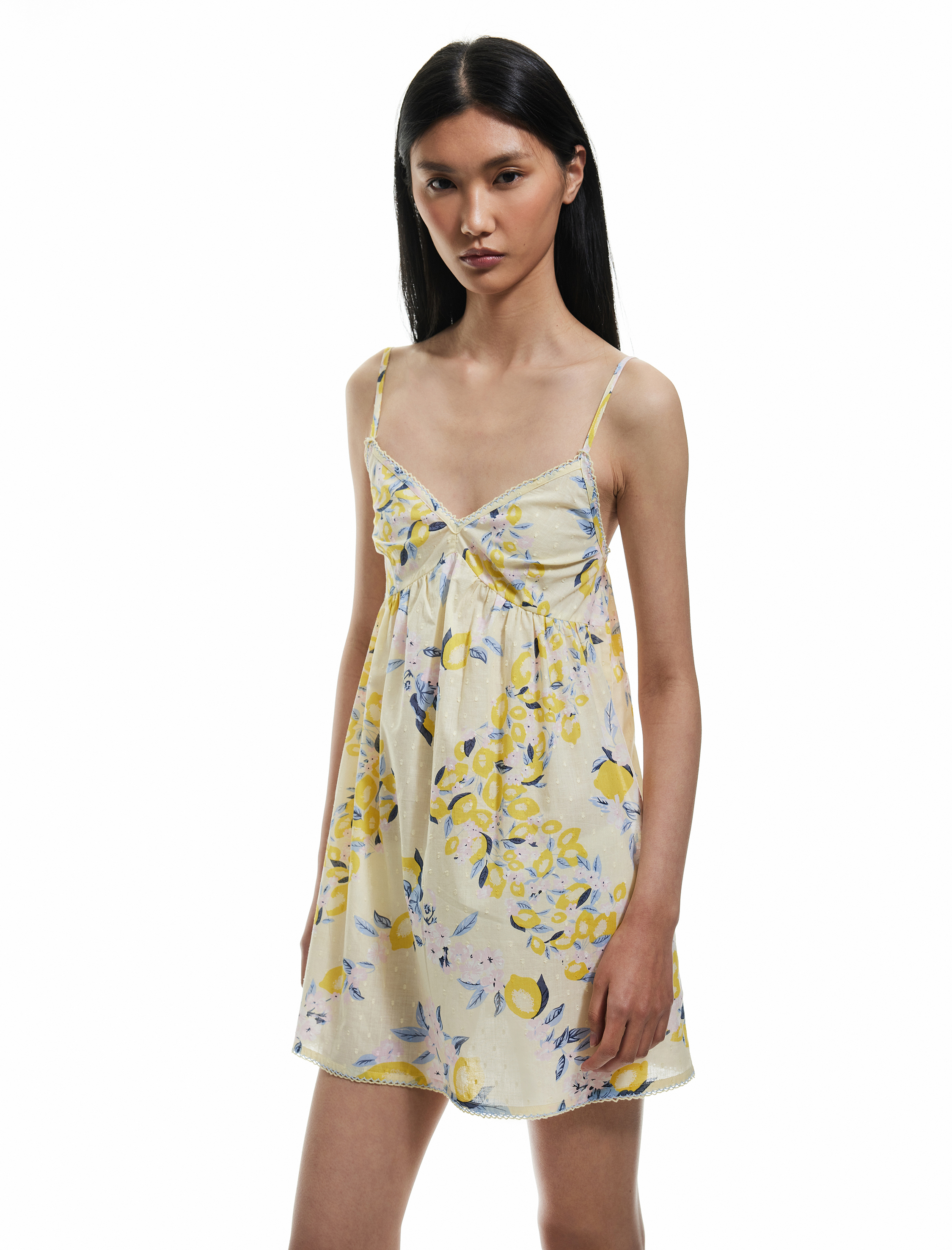   Çiçekli Limon Baskılı V Yaka Pamuklu Askılı Mini Gecelik