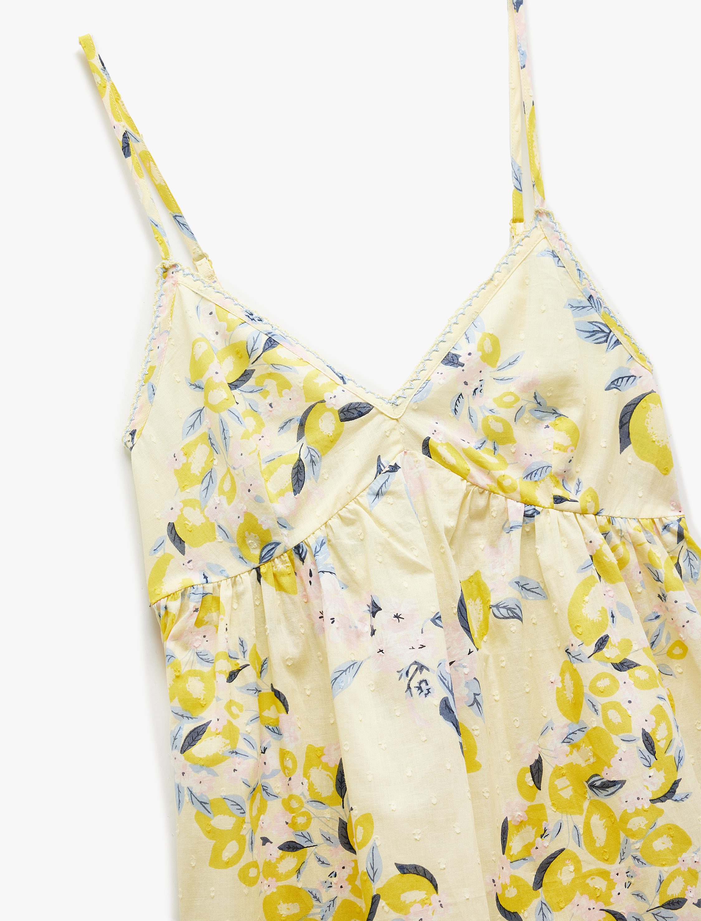   Çiçekli Limon Baskılı V Yaka Pamuklu Askılı Mini Gecelik