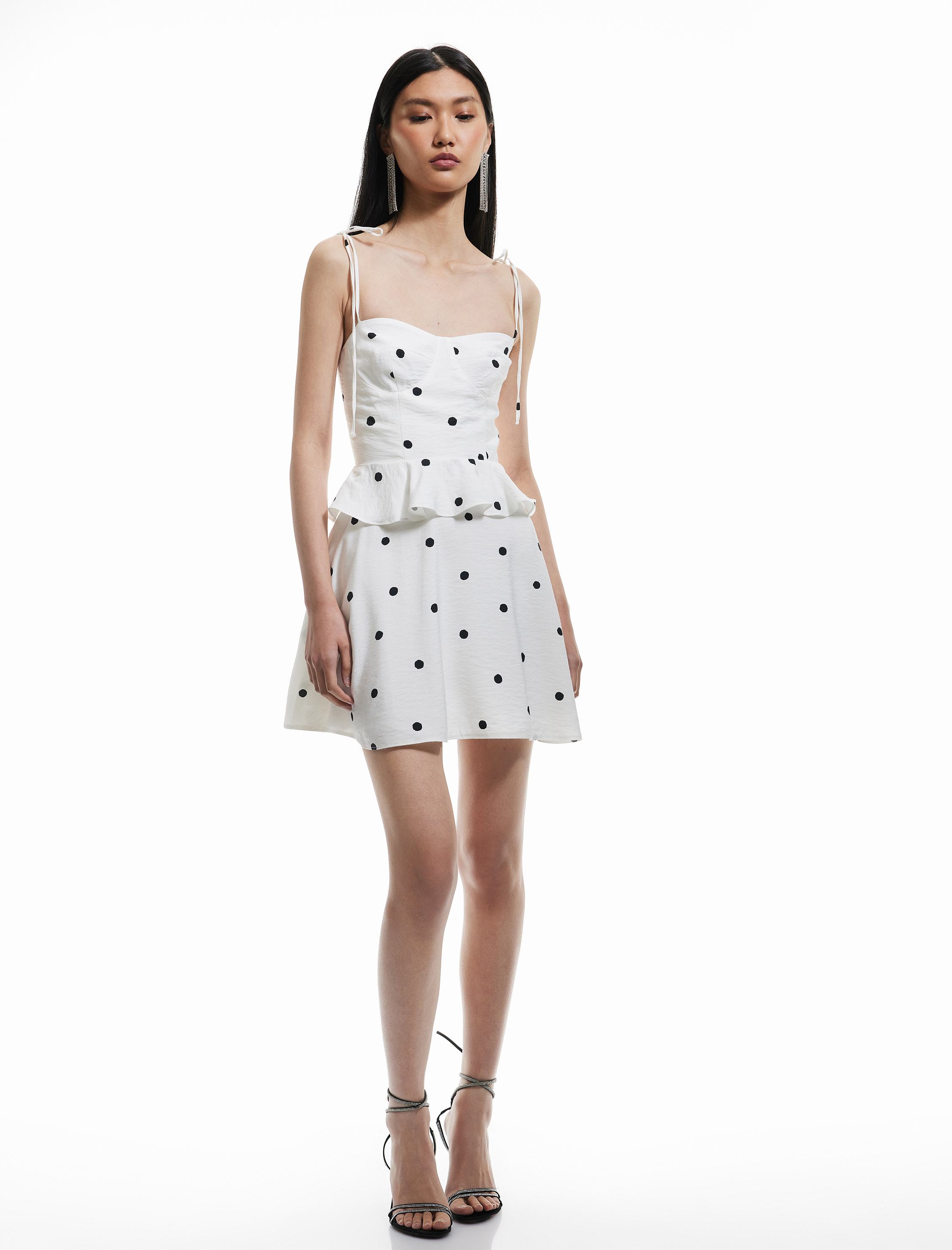   Viskon İp Askılı Puantiyeli Katlı Mini Elbise