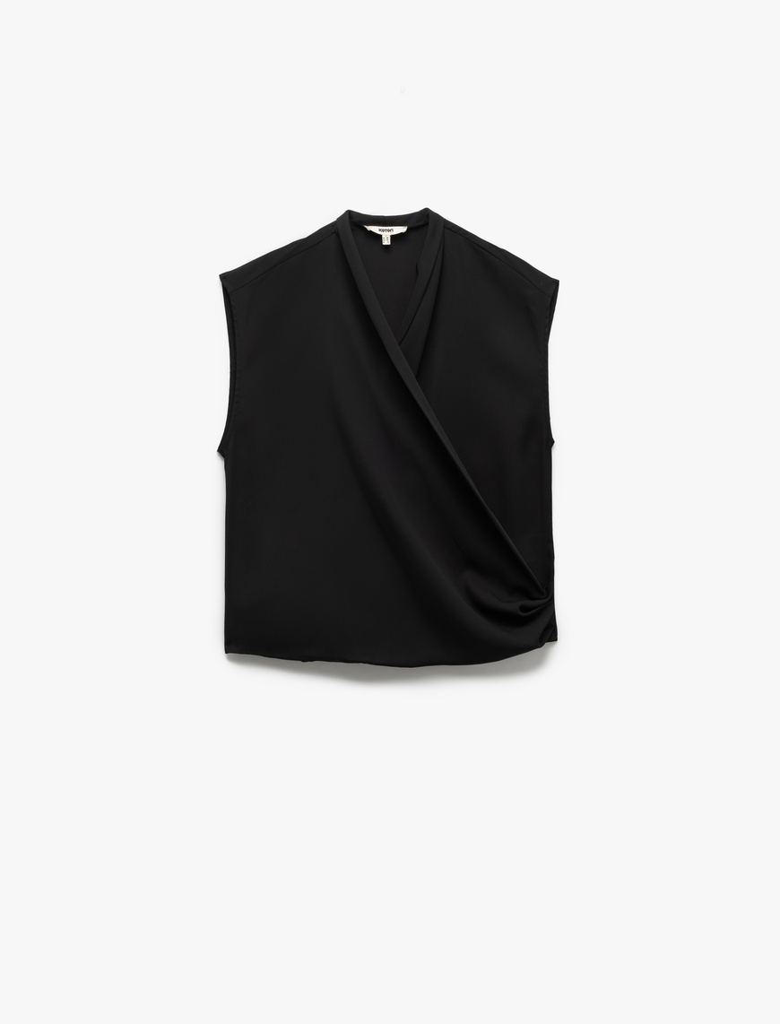   Krep Kumaş Drape Detaylı Kolsuz Kruvaze Bluz