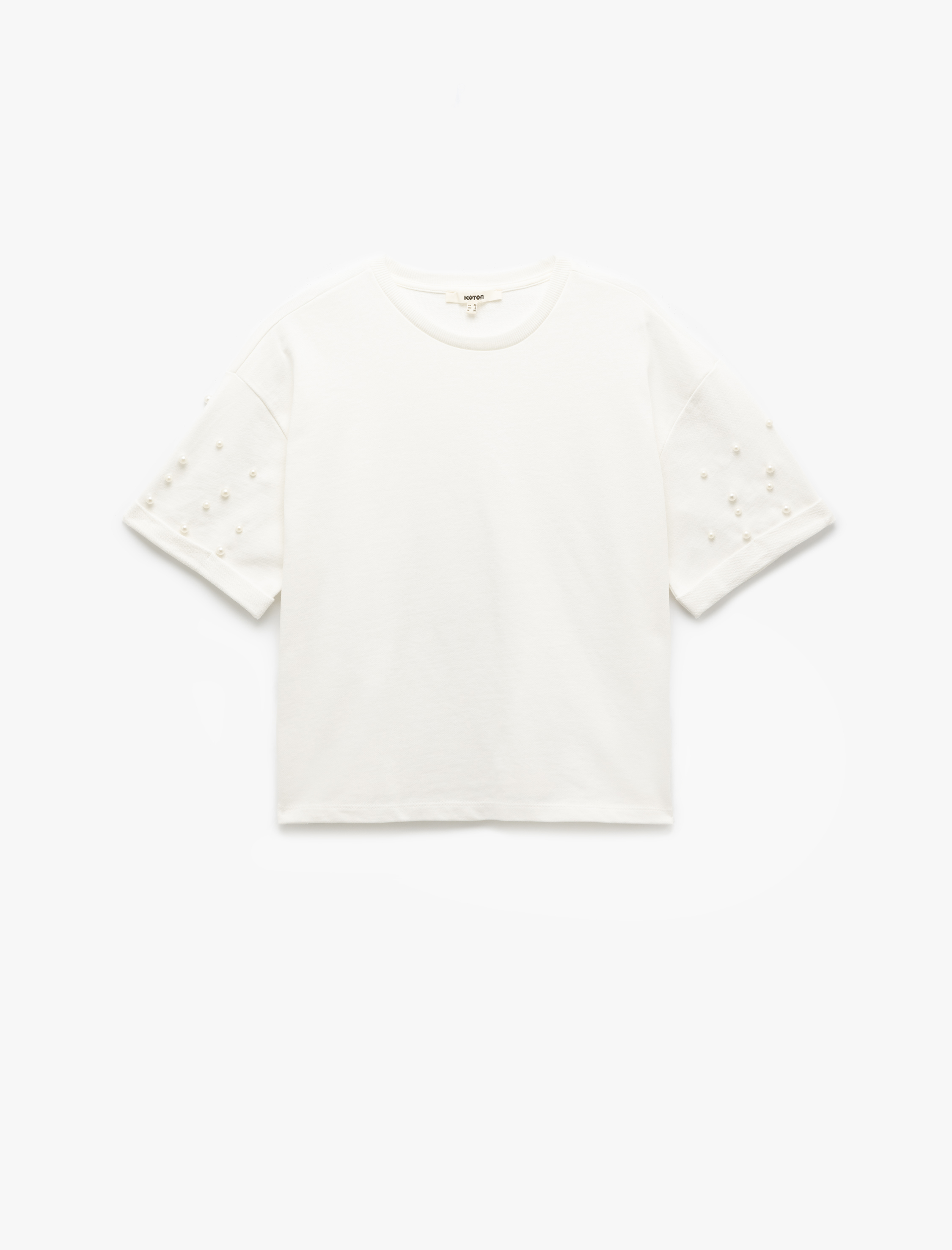   Pamuklu Kısa Kollu Bisiklet Yaka İnci Detaylı Tişört