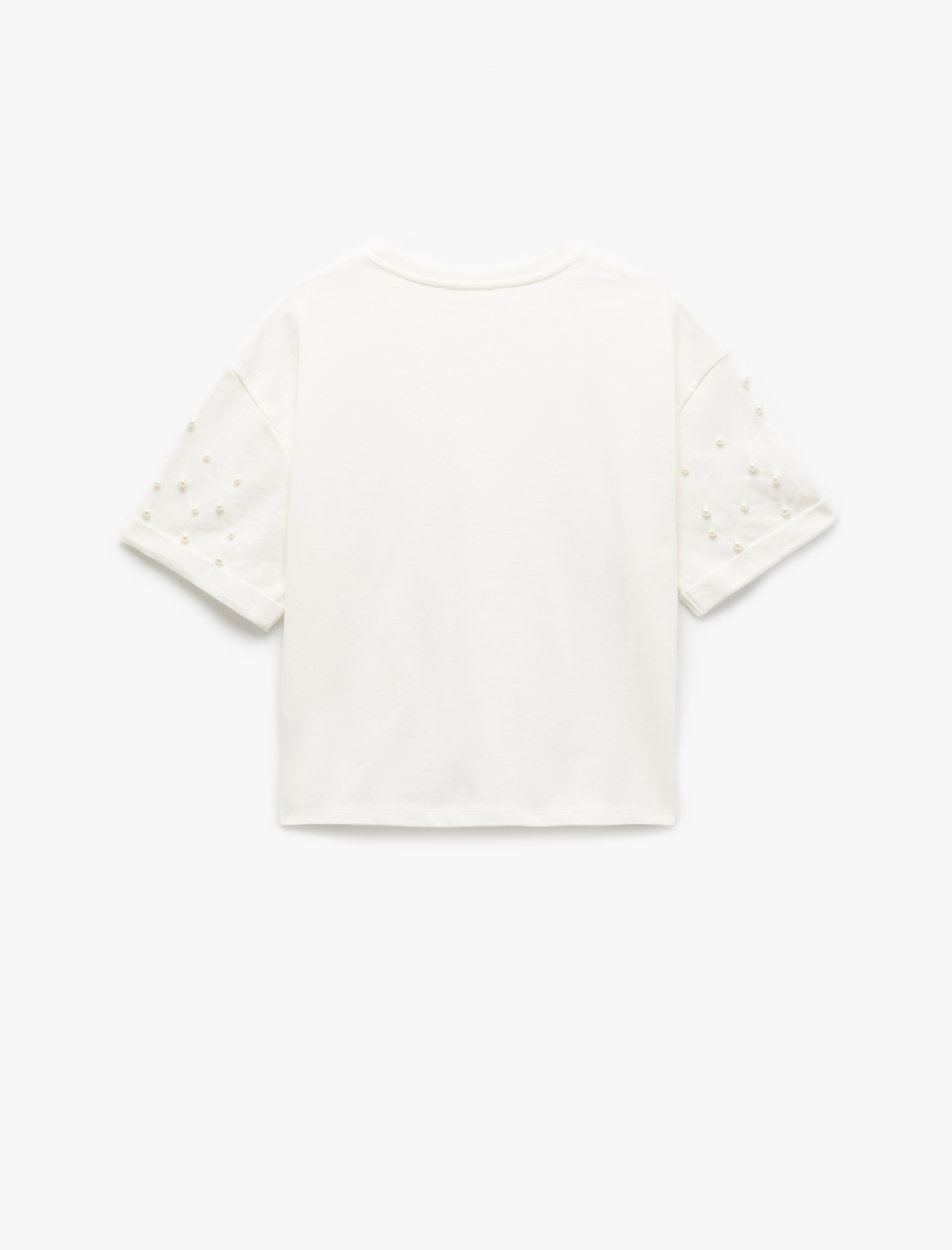   Pamuklu Kısa Kollu Bisiklet Yaka İnci Detaylı Tişört