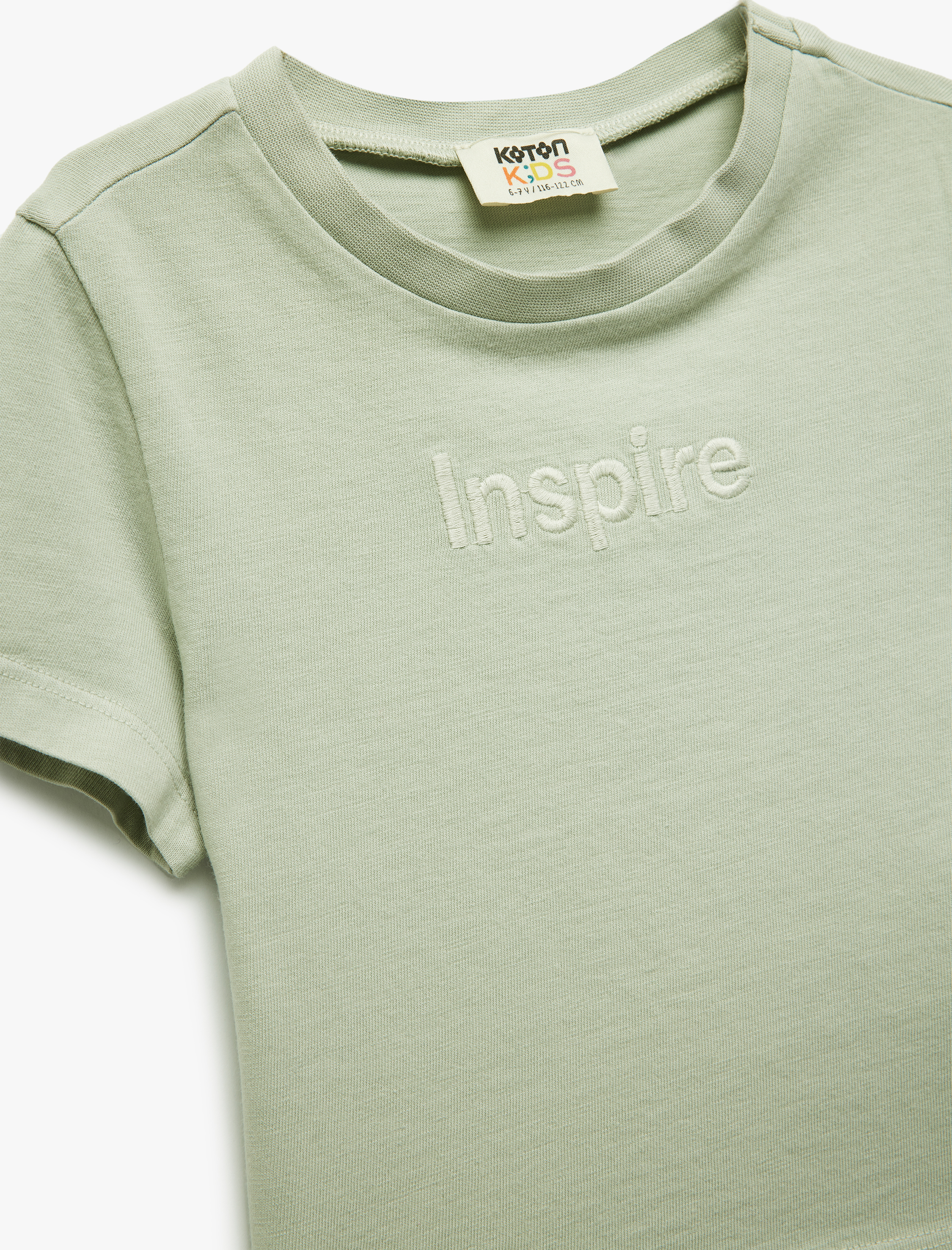  Kız Çocuk Nakış Detaylı Bisiklet Yaka Kısa Kollu Pamuklu Crop Tişört