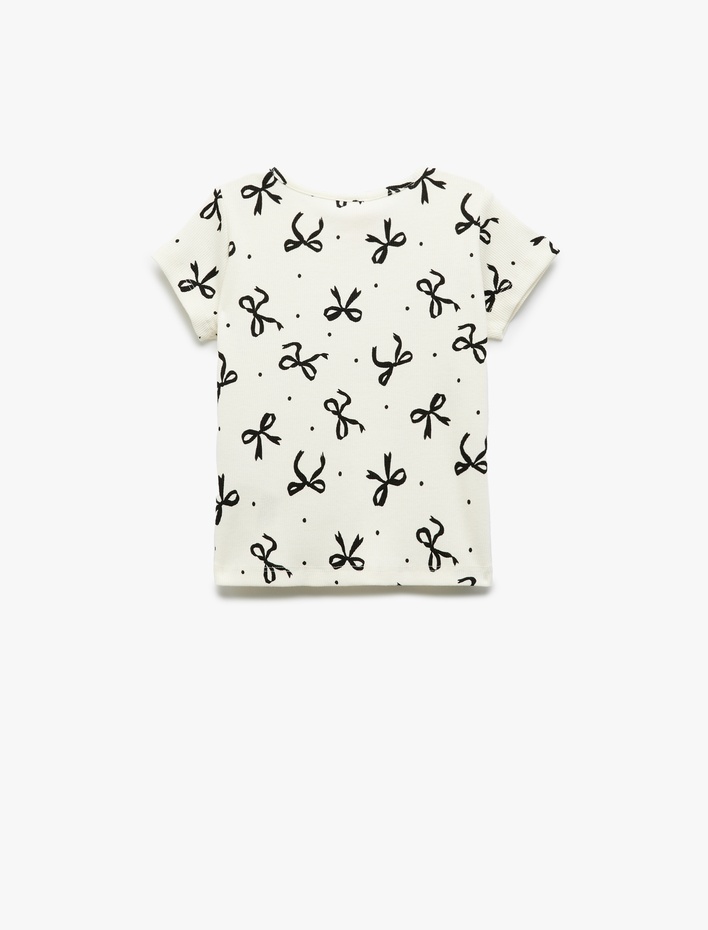 Kız Bebek Fiyonk Desenli Kısa Kollu Bisiklet Yaka Pamuklu Tişört