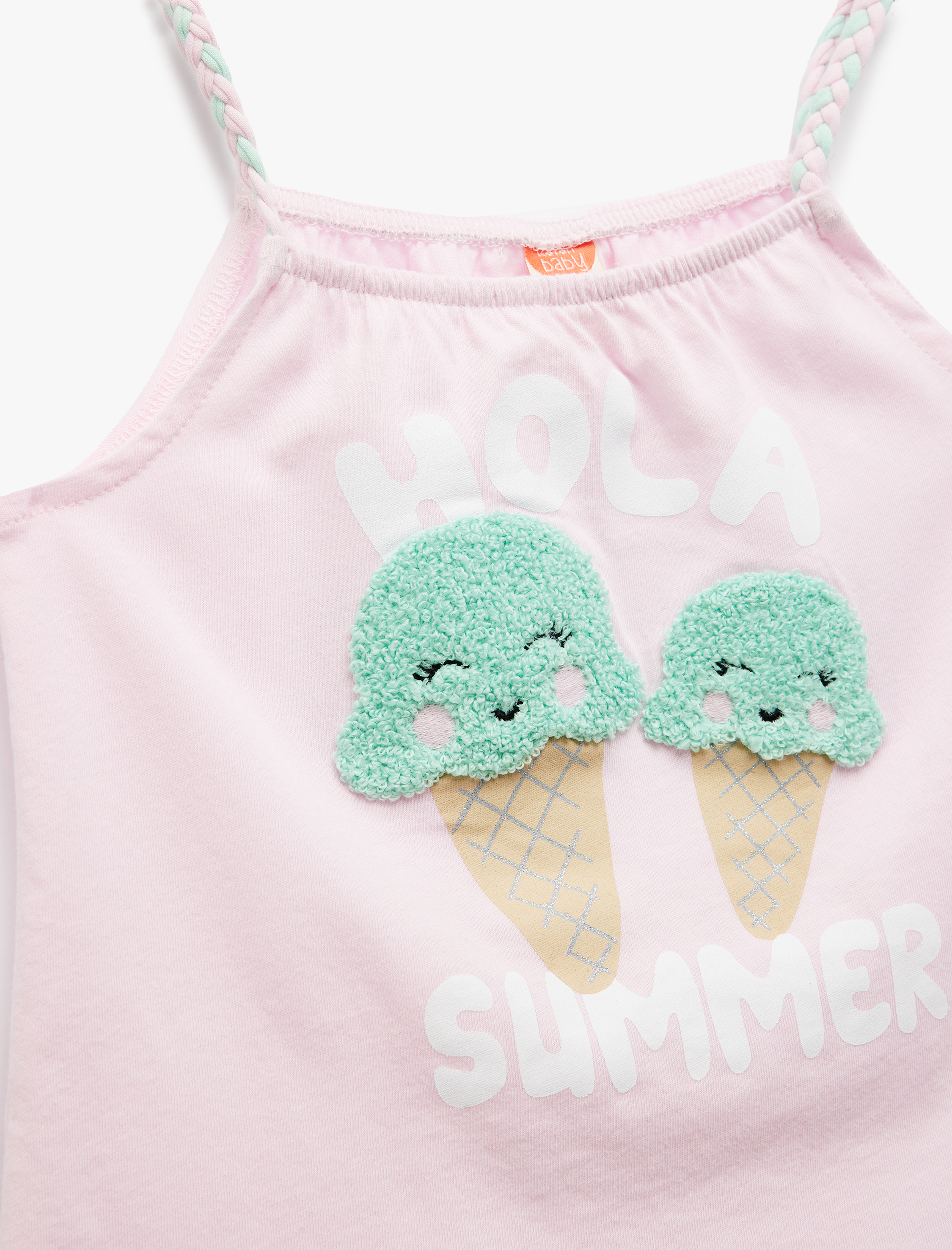  Kız Bebek Pamuklu Fırfır Detaylı Dondurma Baskılı İnce Askılı Elbise