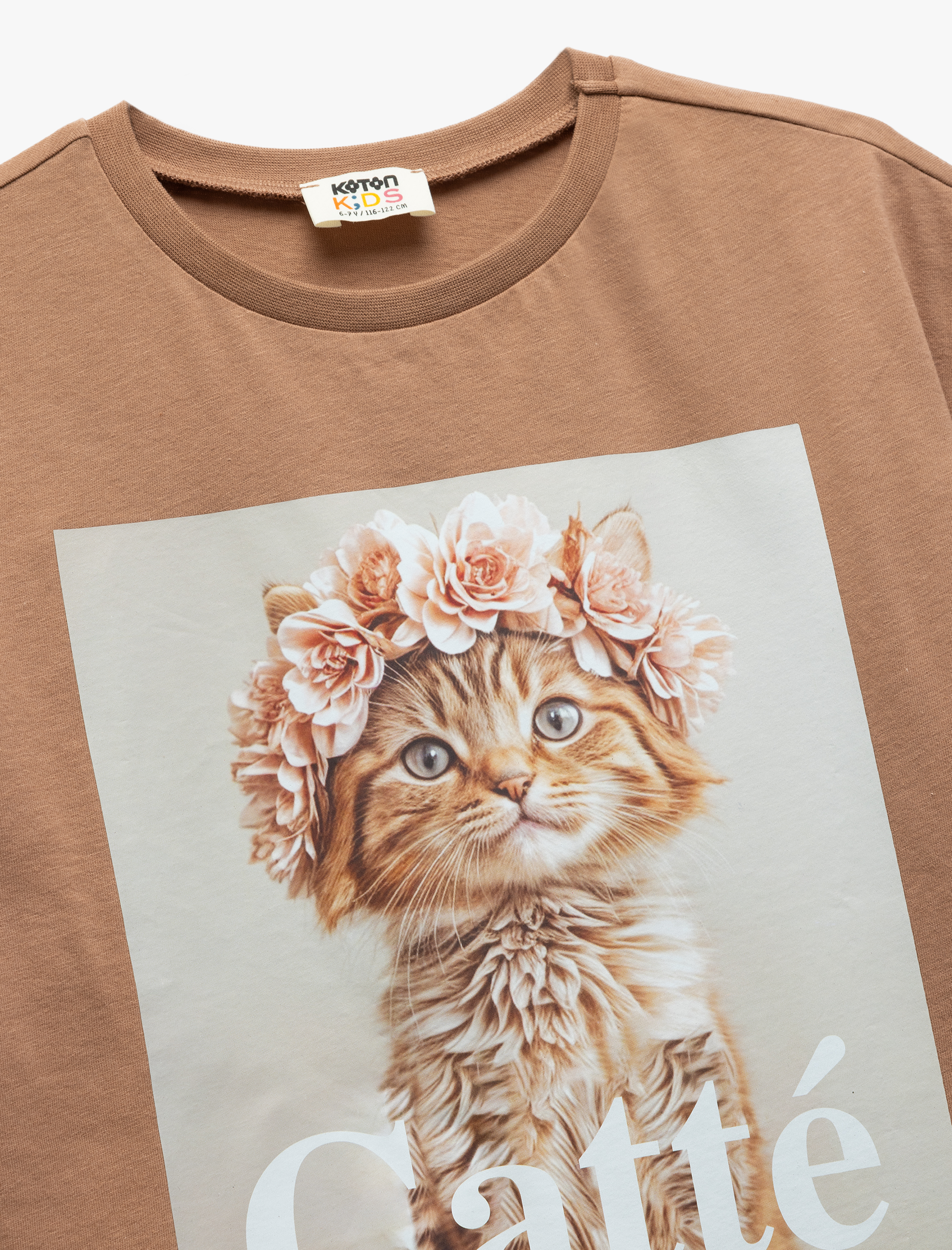  Kız Çocuk Bisiklet Yaka Kısa Kollu Pamuklu Kedi Baskılı Tişört