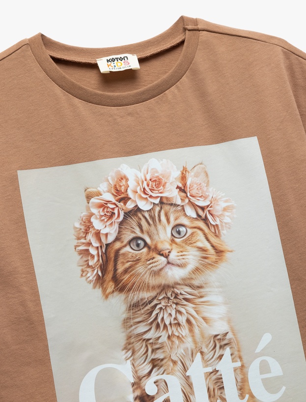Bisiklet Yaka Kısa Kollu Pamuklu Kedi Baskılı Tişört_2