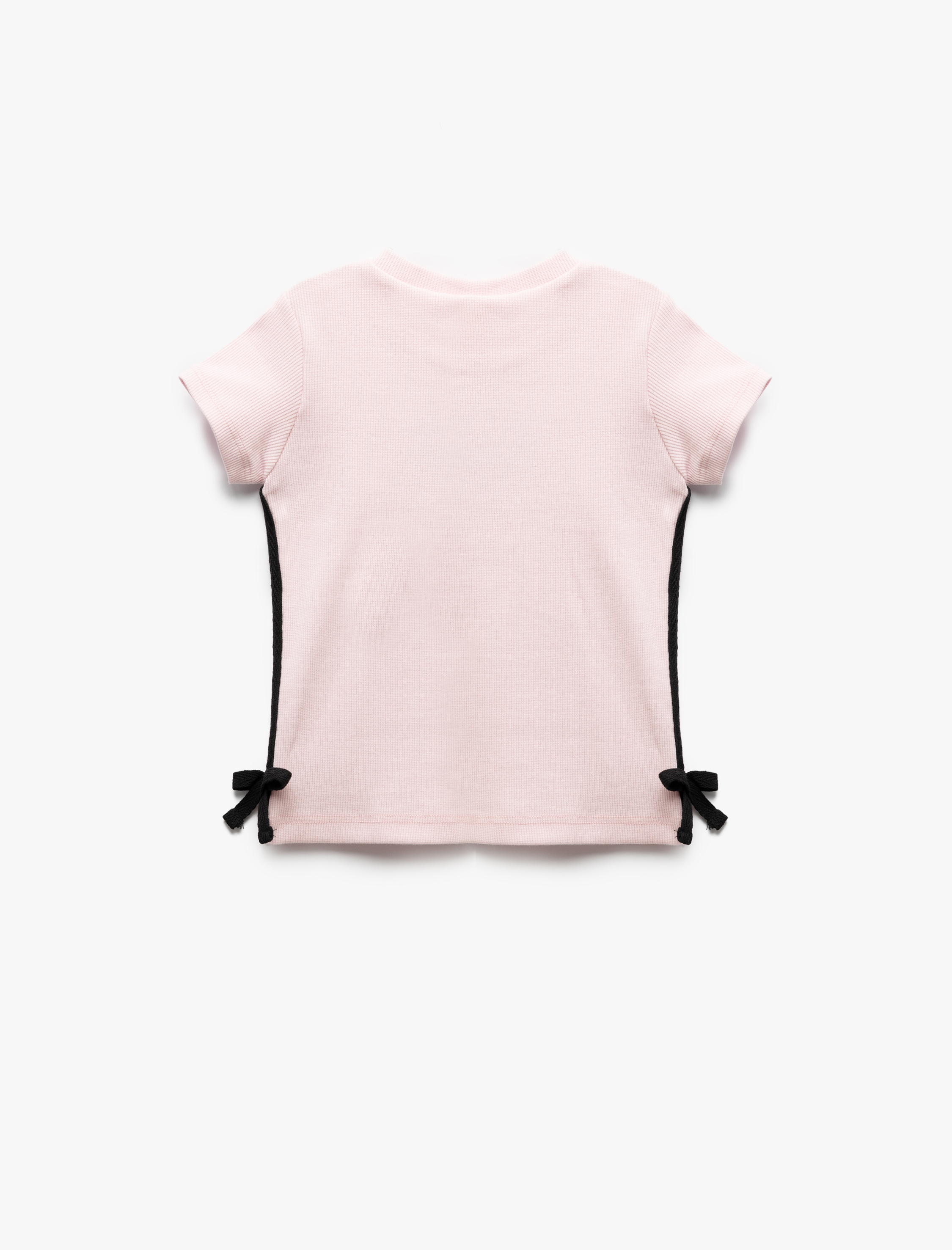  Kız Bebek Ribanalı Bisiklet Yaka Kısa Kollu Fiyonk Detaylı Pamuklu Tişört