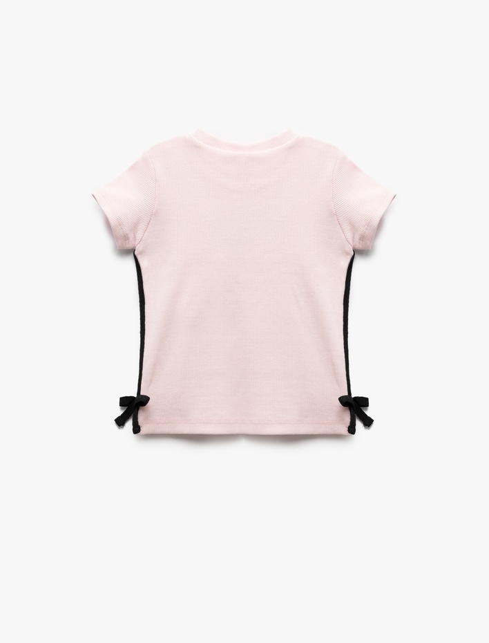 Kız Bebek Ribanalı Bisiklet Yaka Kısa Kollu Fiyonk Detaylı Pamuklu Tişört