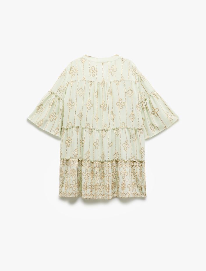  Viskon Fırfırlı Yarım Kollu Yuvarlak Yaka Etnik Desenli Plaj Elbisesi