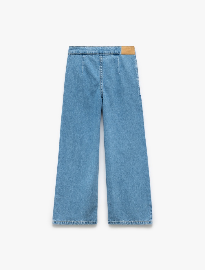 Kız Çocuk Pamuklu Cep Detaylı Düğmeli Bol Paça Kot Pantolon