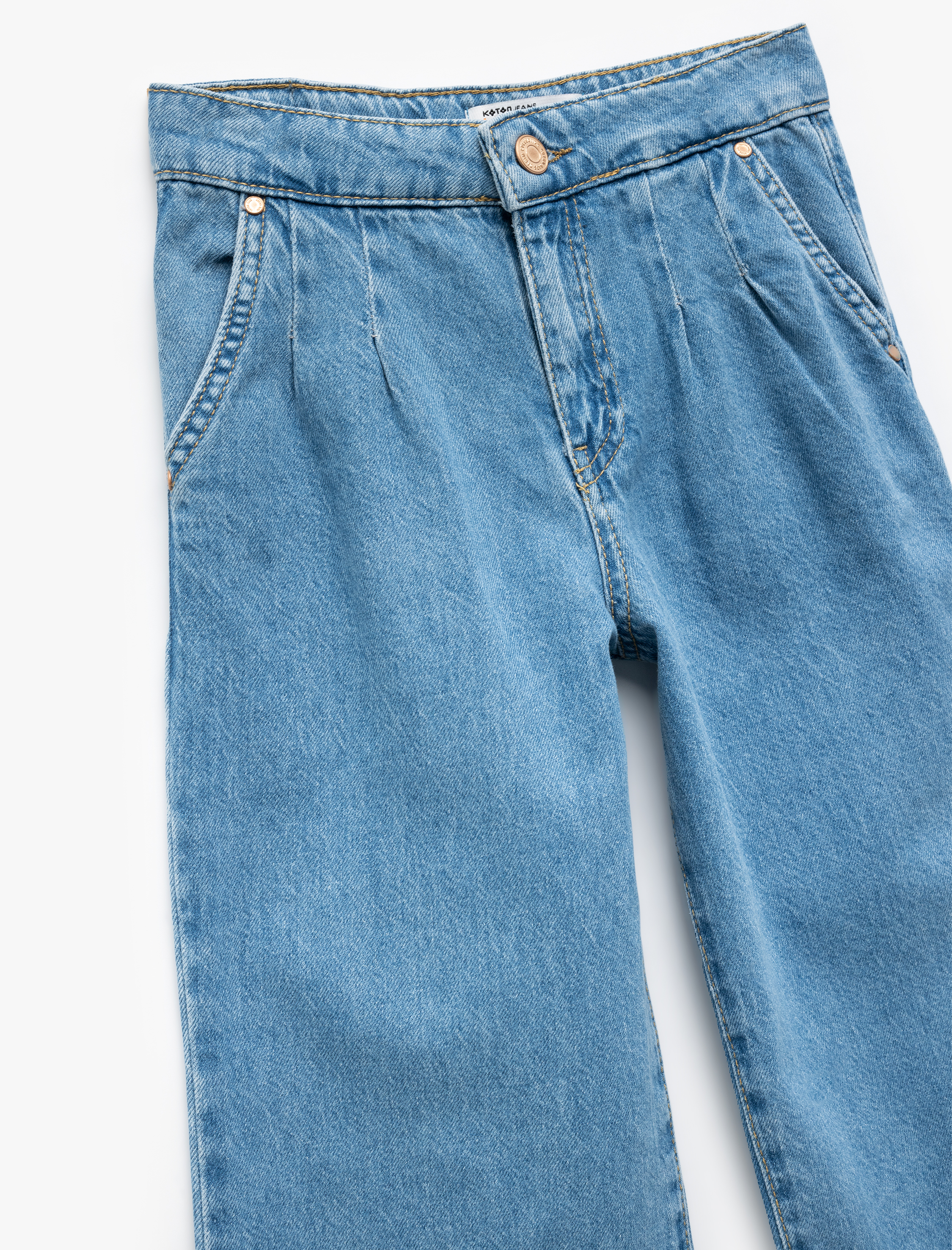  Kız Çocuk Pamuklu Cep Detaylı Düğmeli Bol Paça Kot Pantolon