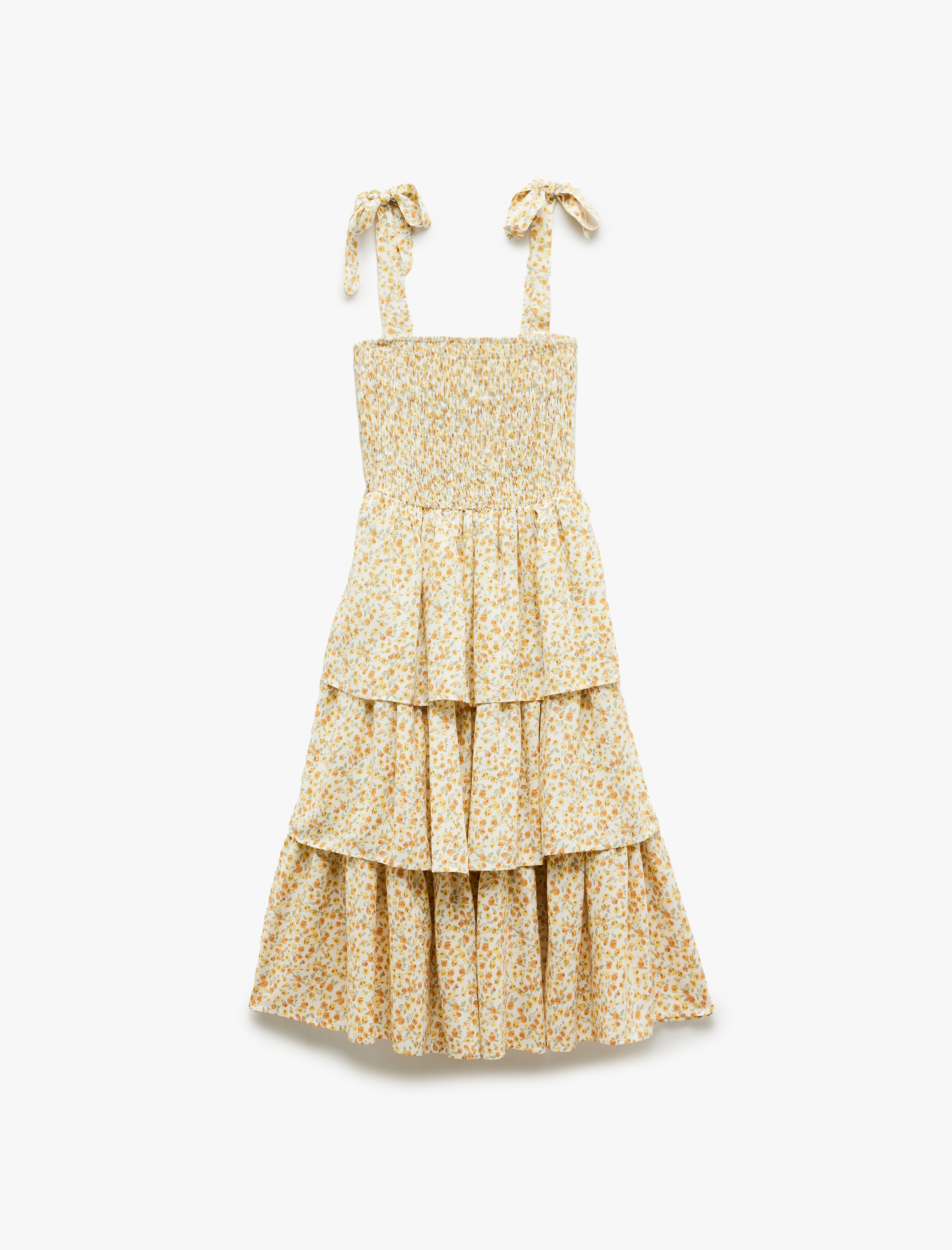   Fiyonklu Askılı Katlı Gipeli U Yaka Çiçekli Viskon Midi Elbise