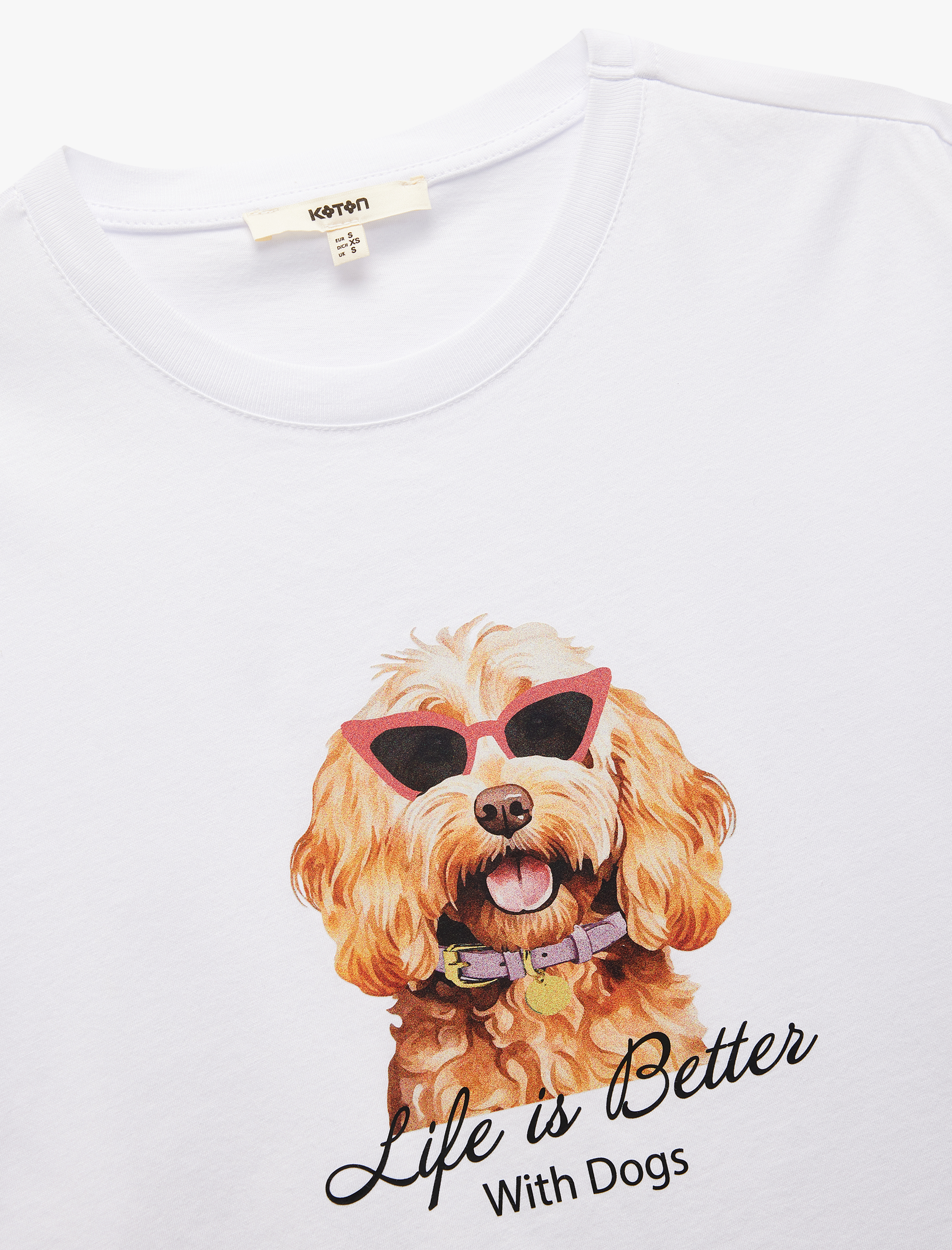   Pamuklu Köpek Baskılı Kısa Kollu Bisiklet Yaka Kadın Tişört