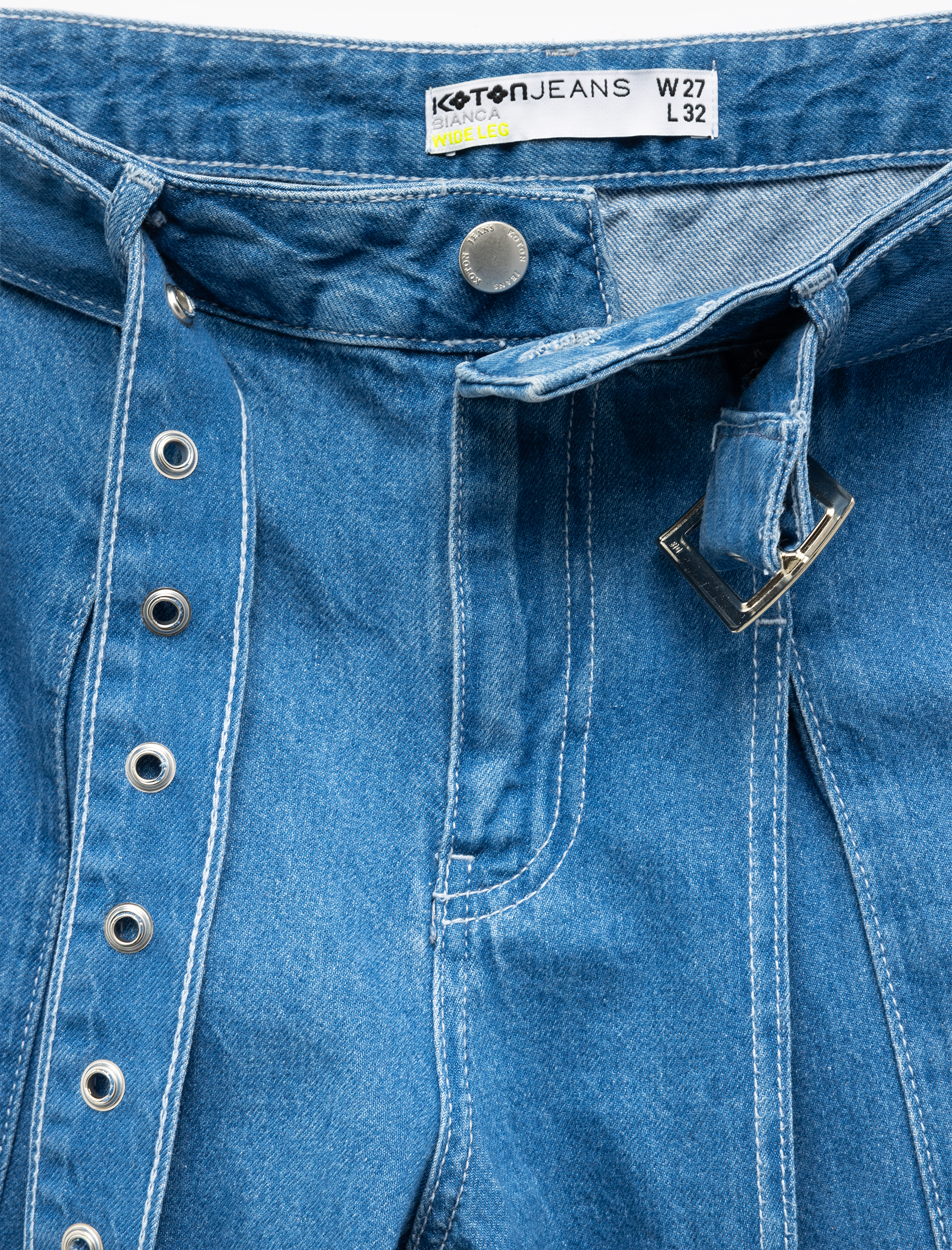   Geniş Paça Kemer Detaylı Pileli Pamuklu Jean Pantolon - Wide Leg Jeans