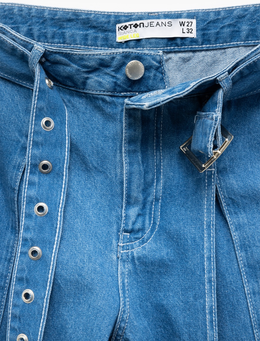   Geniş Paça Kemer Detaylı Pileli Pamuklu Jean Pantolon - Wide Leg Jeans