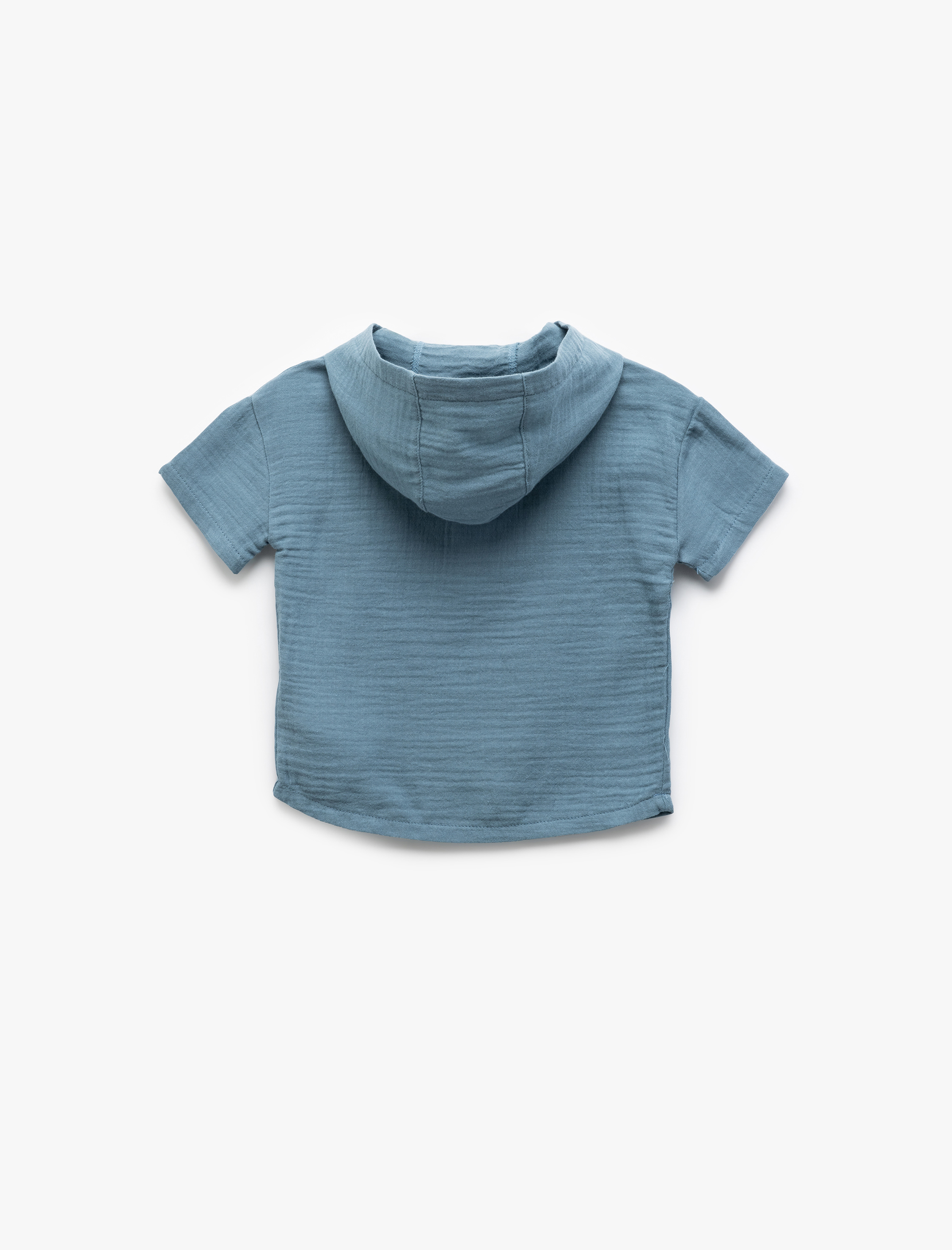  Erkek Bebek Düğme Detaylı Kısa Kollux Kapşonlu Müslin Gömlek