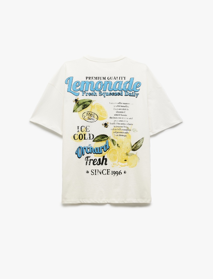  Kısa Kollu Pamuklu Bisiklet Yaka Arkası Limon Baskılı Oversize Tişört