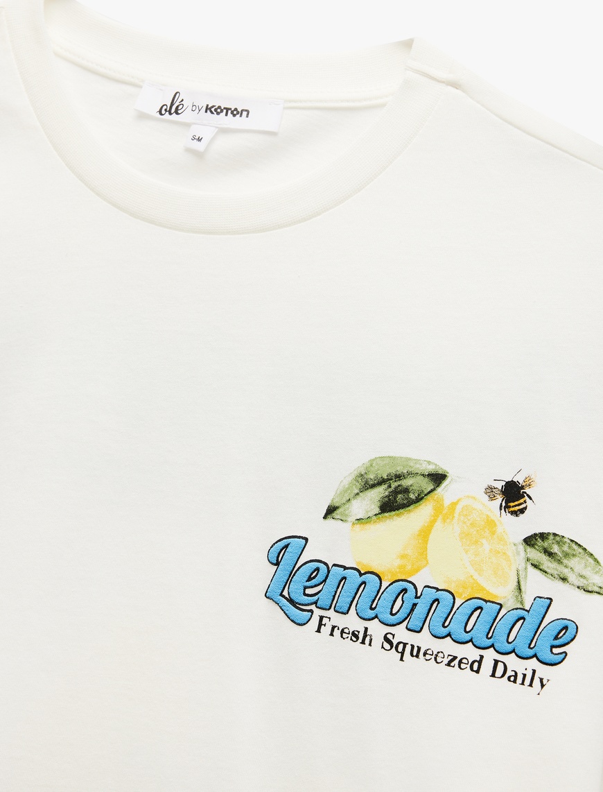   Kısa Kollu Pamuklu Bisiklet Yaka Arkası Limon Baskılı Oversize Tişört