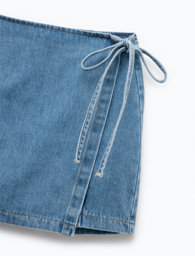 Pamuklu Bağlama Detaylı Mini Denim Şort Etek_5
