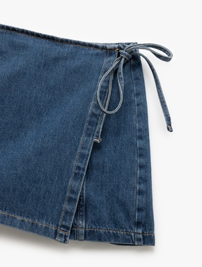 Pamuklu Bağlama Detaylı Mini Denim Şort Etek_5