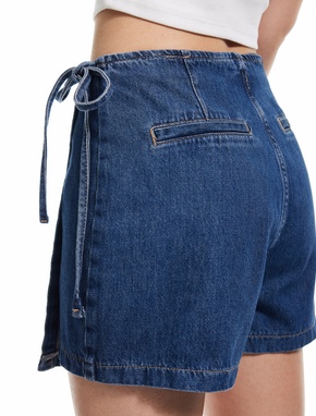Pamuklu Bağlama Detaylı Mini Denim Şort Etek_2