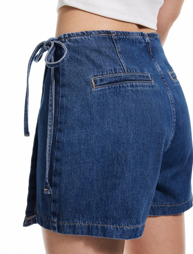 Pamuklu Bağlama Detaylı Mini Denim Şort Etek_2